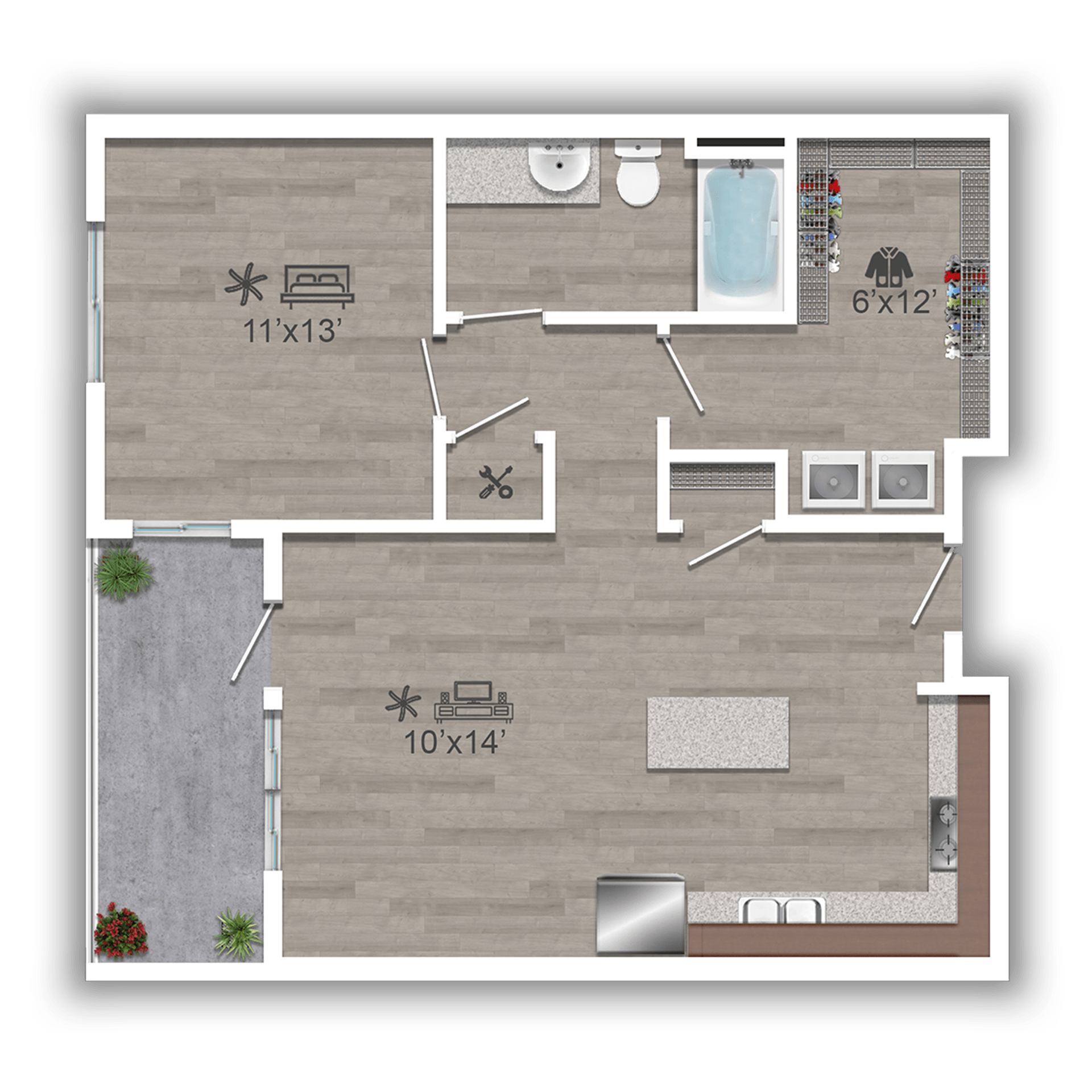 Floor plan for 1 bed, 1 bath, 725 sqft
